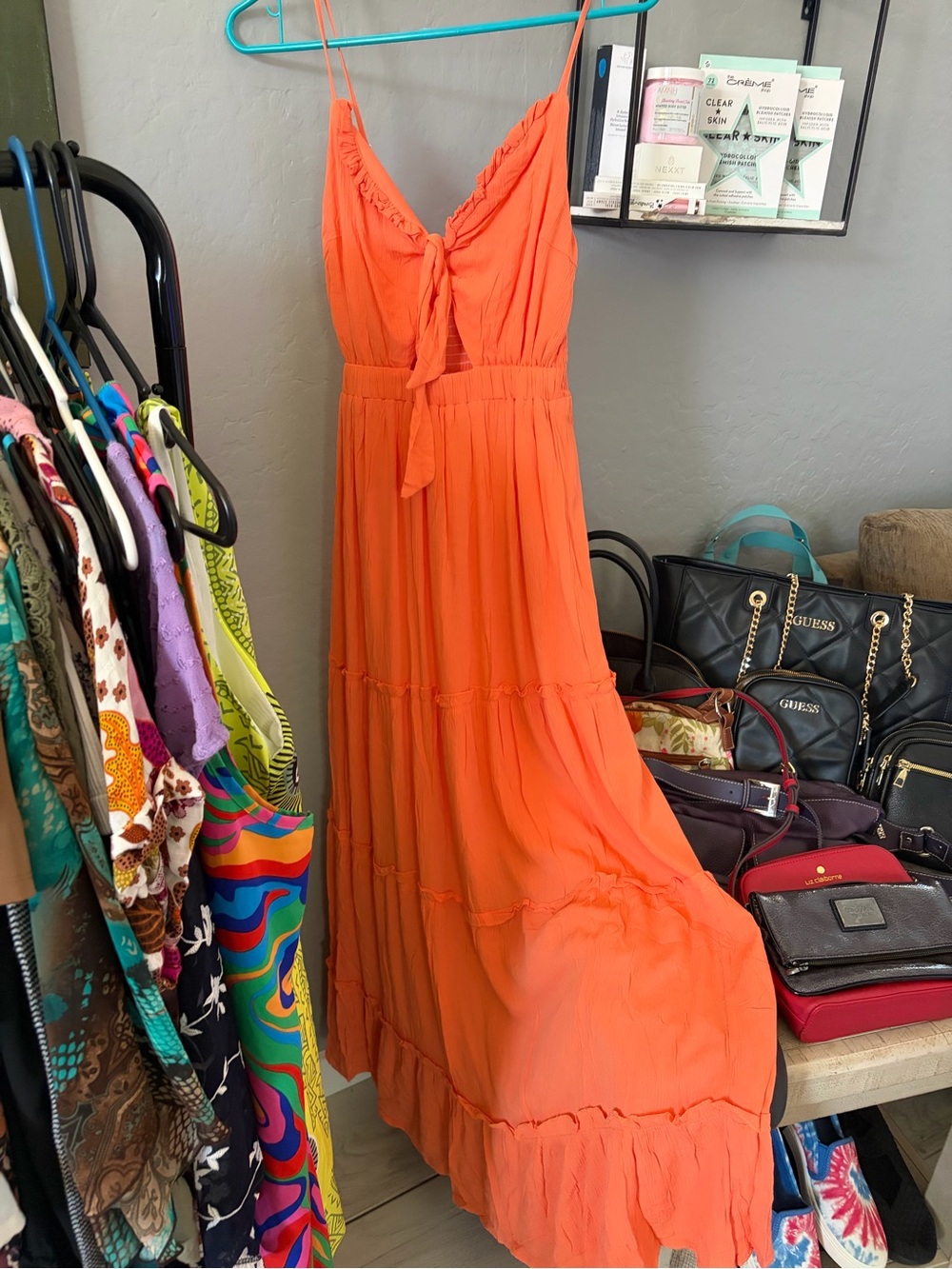 Bright Orange Tie-Front Spaghetti-Strap Maxi Dress